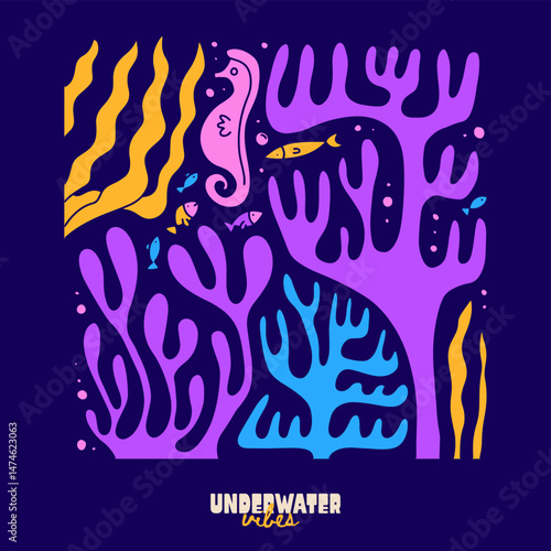 Underwater sea seaweed coral and fish cartoon square composition. Ocean abstract coral reef, marine or aquarium flat vector illustration. Undersea exotic design naive seascape background