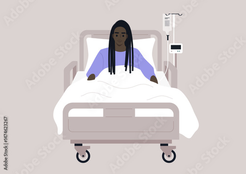 In a hospital environment, a young patient lies in bed, displaying a mix of emotions as they receive medical attention from staff, highlighting their strength during recovery