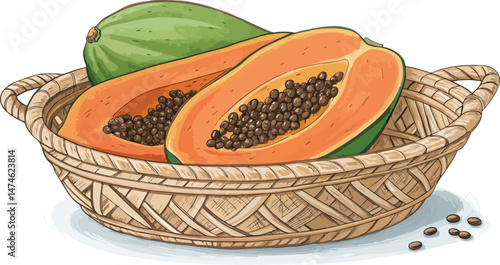 Papaya illustration vector design, Papaya in basket with papaya slice in white background