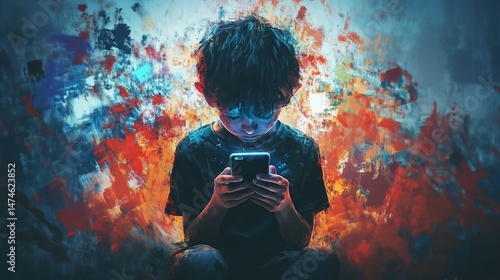 Cellphone addict, teenager excess of social media, children mobile phone screen dependency.