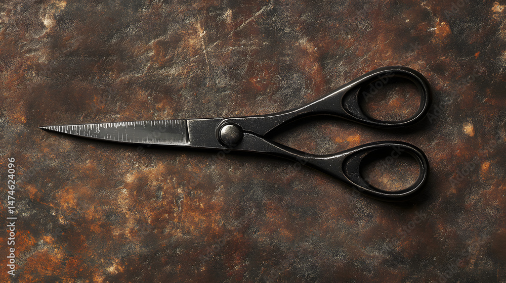 Obraz premium Sharp Precision: A close-up showcases a pair of meticulously crafted black scissors. against a rugged, textured background, the image highlights the tool's sharp edge.