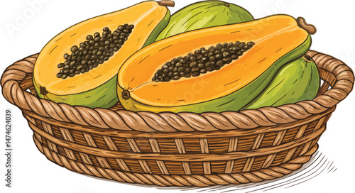 Papaya in wicker basket with papaya slice in white background vector design, Papaya illustration vector design