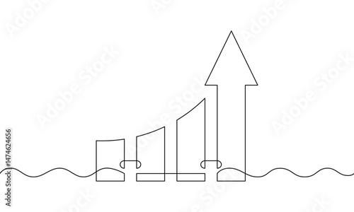 Continuous one line drawing of graph with increasing arrow up. Illustration vector of bar chart on white background. Single line art of business growth. Flat icon sign symbol