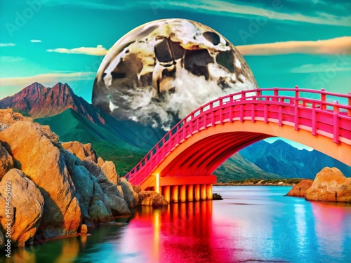 Surreal Pink Bridge at Sunset with Moon - Mystical Mountain Landscape Stock Photo