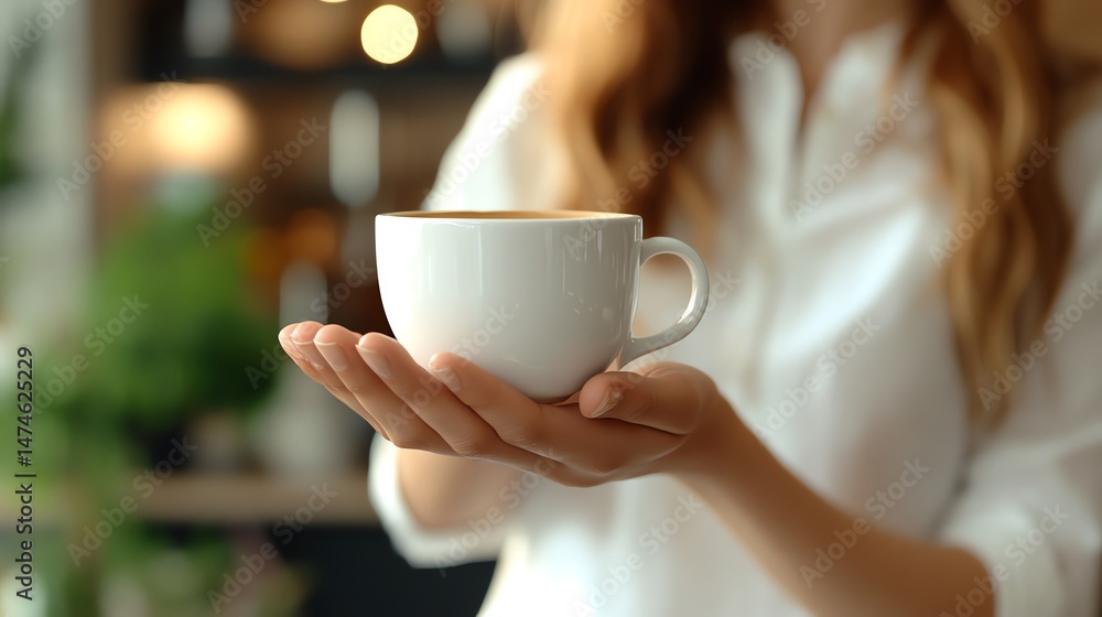 Close-up of a woman's hands gently cradling a warm cup of coffee. Close-up of a woman's hands gently cradling a warm cup of coffee.