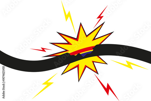 Broken electric cable with sparks and lightning bolts, symbolizing danger, short circuit, or power outage — isolated vector illustration.