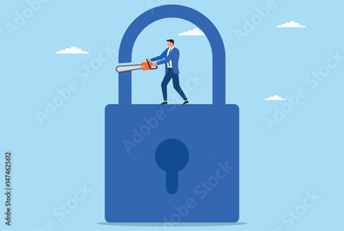 Vector illustration of a businessman trying to break into business security and cutting lock
