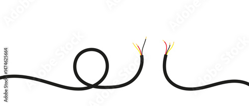 Broken black cable with exposed red, yellow, and black wires on a white background, symbolizing disconnection or repair concept.