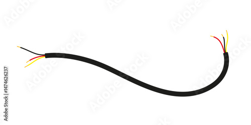 Tableau sur toile Vector illustration of a black cable with exposed red, yellow, and black wires on both ends, isolated on a white background