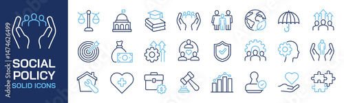 Set of collection line icons related social policy, public, government. Editable stroke. Perfect pixel on transparent background
