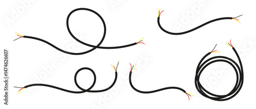 Set of black electric wires with exposed colorful ends, isolated on white background, shown in various loops and bends.