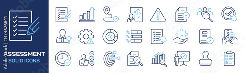 Set of collection line icons related assessment, compliance, analysis, evaluation. Editable stroke. Perfect pixel on transparent background