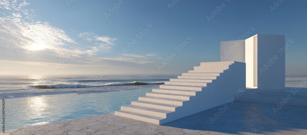 Fototapeta White stairs by ocean against blue sky