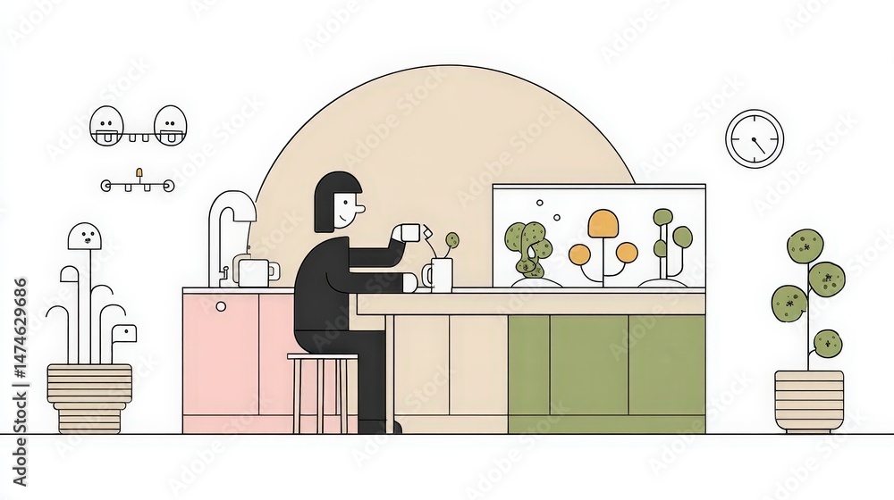 Fototapeta premium Cozy Minimalist Kitchen Scene with Person Watering Plants and Decorative Greenery Elements