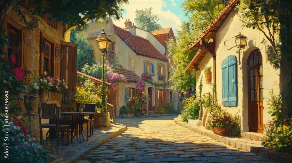 Fototapeta premium Narrow cobblestone street in a charming European village with yellow and beige stone buildings