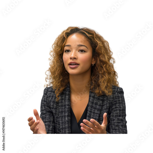 Confident Young Woman with Curly Hair Discussing Ideas in a Business Meeting