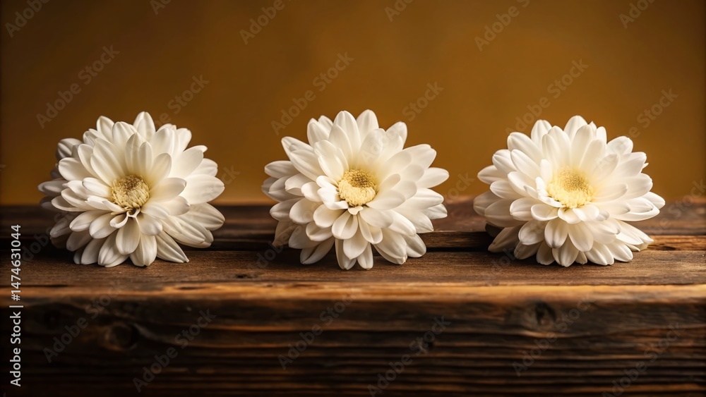 Obraz premium Three White Flowers in a Row on Wooden Table - Minimalist Still Life Photography