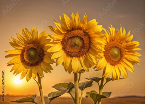 Three Sunflowers Blooming Under a Vast Summer Sky - Candid Stock Photo