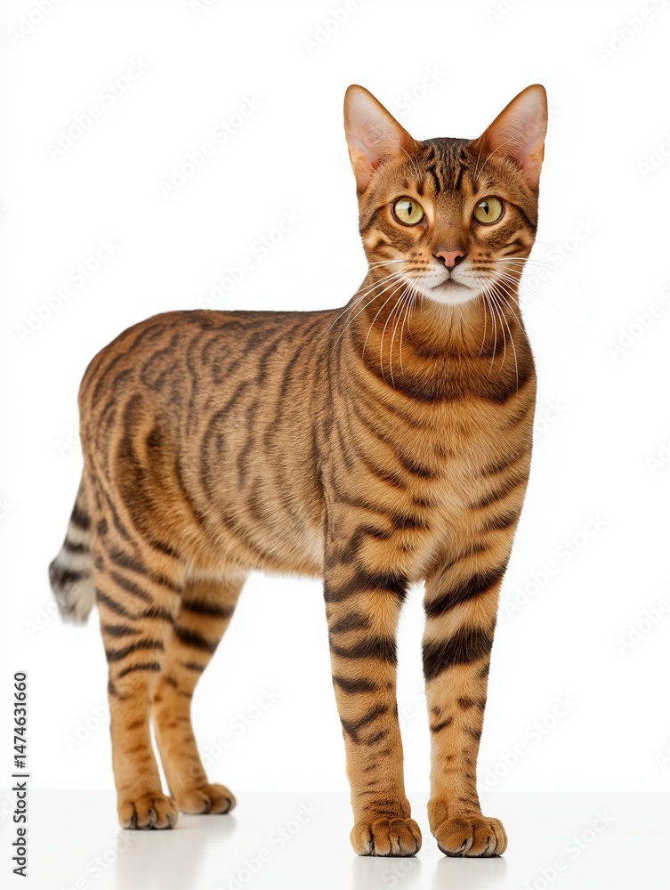 Obraz premium This striking Toyger cat displays a vibrant orange and black striped coat, standing confidently on a clean white background