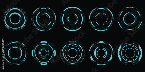 Sci-fi futuristic circle hud dashboard display virtual reality technology screen. User Interface set. Statistics, Data information infographic. Vector illustration. Editable stroke