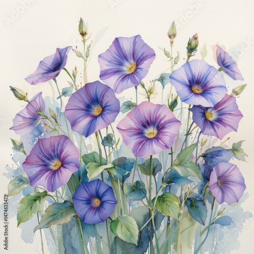 Wallpaper Mural A delicate watercolor painting showcases a vibrant cluster of purple morning glories blooming beautifully in a lush garden setting with soft light illuminating their petals. Torontodigital.ca