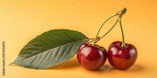 Twin Sweet Cherries with Green Leaves – Fresh Fruit Stock Photo