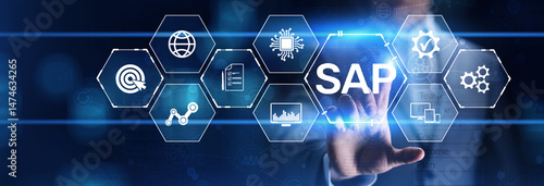 SAP software business process automation. ERP enterprise resource planning system on virtual screen.