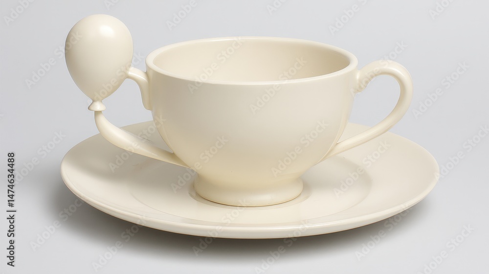 Unique Cream Colored Tea Cup with Balloon Handle and Matching Saucer on Light Background Unique Cream Colored Tea Cup with Balloon Handle and Matching Saucer on Light Background