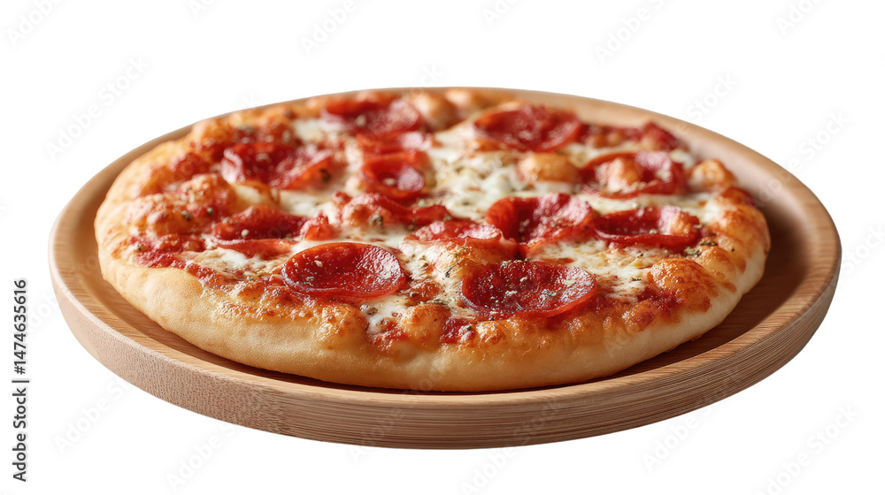 Savory Slice: A delectable pizza, adorned with vibrant toppings, rests invitingly on a wooden plate, ready to delight the taste buds. Savory Slice: A delectable pizza, adorned with vibrant toppings, rests invitingly on a wooden plate, ready to delight the taste buds.