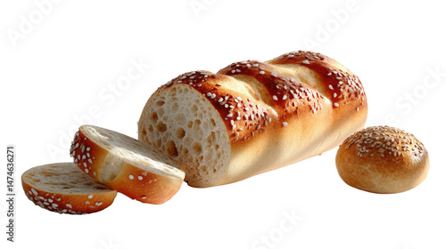Artisan Bread Delight: A close-up studio shot of freshly baked, artisan bread, meticulously sliced to reveal its soft, inviting texture, promising a delightful culinary experience.