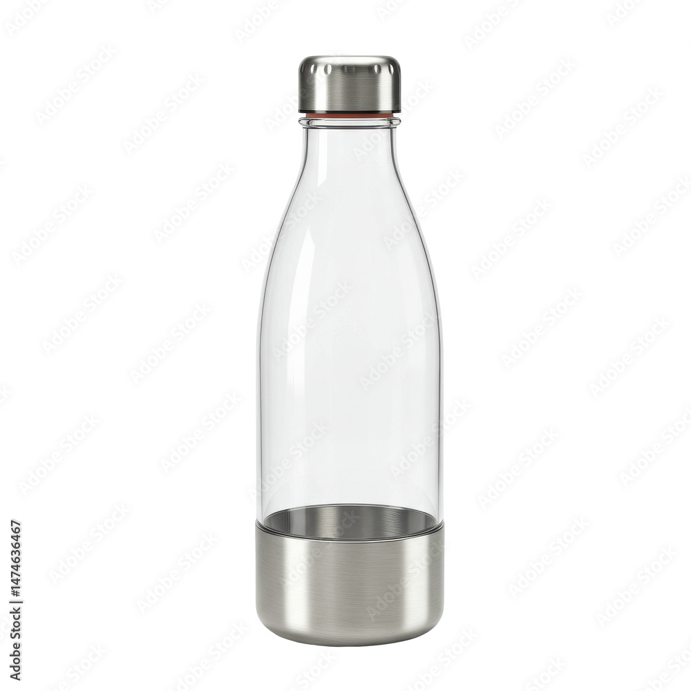 Sleek, clear bottle with a silver base and top, showcasing elegant and modern design Sleek, clear bottle with a silver base and top, showcasing elegant and modern design