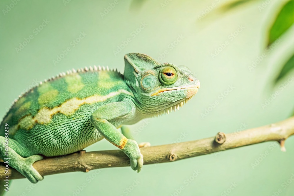 Obraz premium Vibrant Chameleon Basking in Sunlight on a Branch - Stock Photo