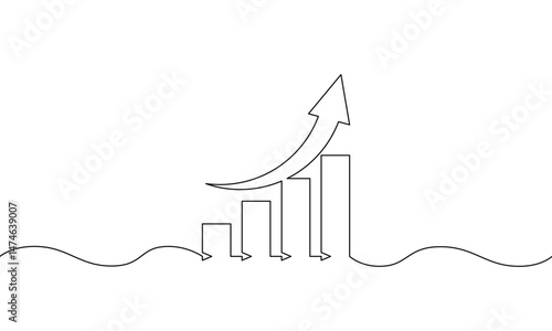 Continuous one line drawing of graph with increasing arrow up. Illustration vector of bar chart. Single line art of business growth. Flat icon sign symbol