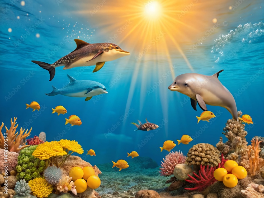 Fototapeta premium Vibrant Coral Reef Scene: Exotic Fish, Dolphins, Bokeh Effect - Underwater Paradise Stock Photo