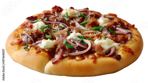 Gourmet Pizza: A mouthwatering close-up of a freshly baked gourmet pizza, with a golden crust, topped with savory ingredients and visually appealing.