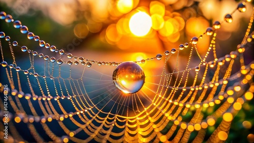 Vibrant Macro Shot of a Single Dewdrop on a Spiderweb Filament at Sunrise