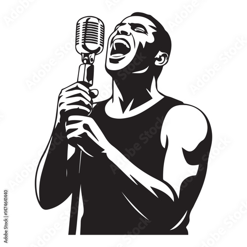 Man singer, man singing on mic, singer singing silhouette, vocalist singing to microphone Vector Black silhouette. with white background