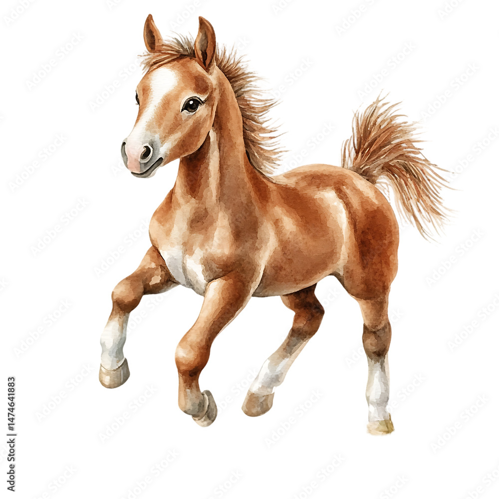 Naklejka premium Charming digital illustration showcases a spirited young horse in a galloping pose. The colors are vibrant and the style is expressive.