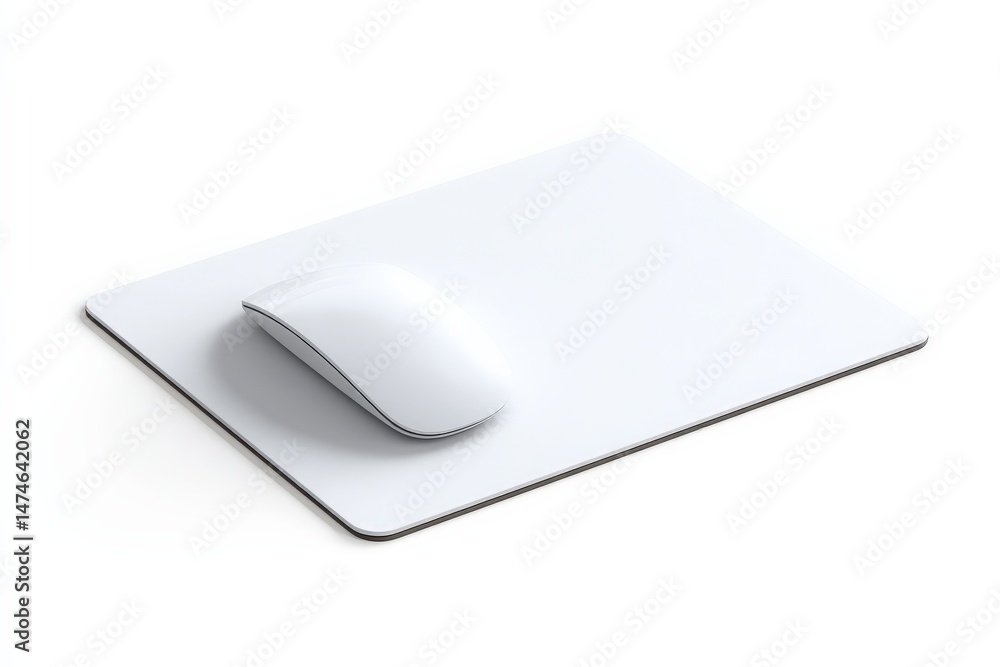 Sleek white mouse rests on a matching mousepad. Minimalist workspace. Sleek white mouse rests on a matching mousepad. Minimalist workspace.