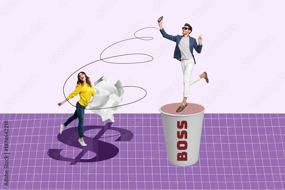 Obraz premium Zine creative photo collage of happy businessman businesswoman receive dollar income success capital profit millionaire boss