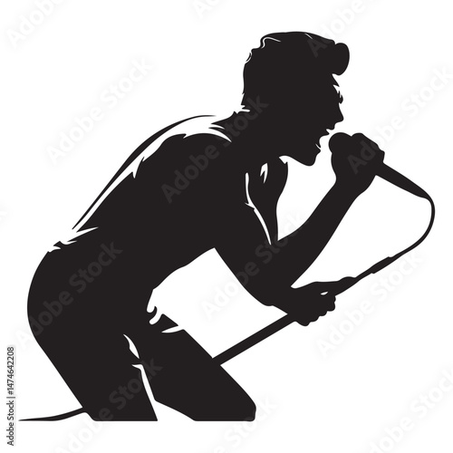 Man singer, man singing on mic, singer singing silhouette, vocalist singing to microphone Vector Black silhouette. with white background
