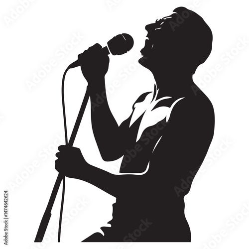 Man singer, man singing on mic, singer singing silhouette, vocalist singing to microphone Vector Black silhouette. with white background