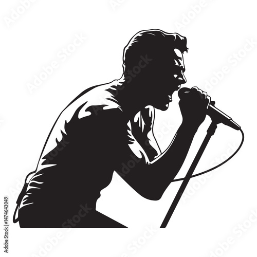 Man singer, man singing on mic, singer singing silhouette, vocalist singing to microphone Vector Black silhouette. with white background
