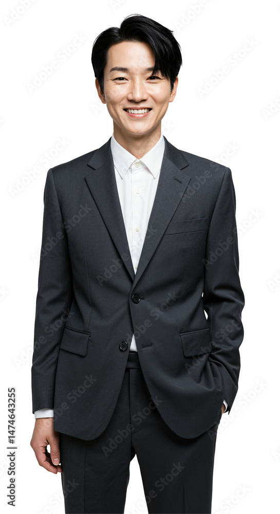 Studio portrait of a cheerful young adult Asian man in a dark formal suit and white shirt, smiling warmly at the camera against a plain transparent background. Studio portrait of a cheerful young adult Asian man in a dark formal suit and white shirt, smiling warmly at the camera against a plain transparent background.