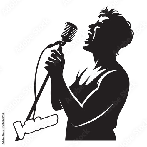 Man singer, man singing on mic, singer singing silhouette, vocalist singing to microphone Vector Black silhouette. with white background