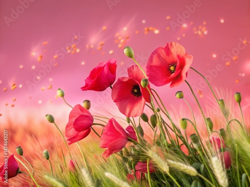 Vibrant Red Poppies Double Exposure Field Grass Summer Nature