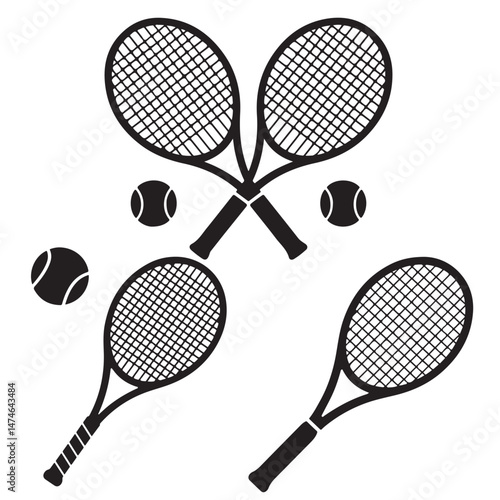 Tennis Racket and Ball Silhouette Icon, Crossed Tennis Rackets and Ball Icon, Two Tennis Rackets and Ball Black Silhouette Illustration set