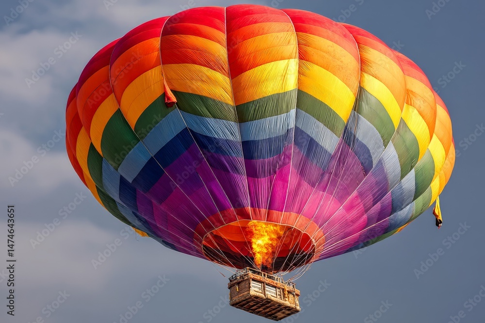 Fototapeta premium Colorful hot air balloon ascends into the sky during a bright afternoon in a tranquil landscape