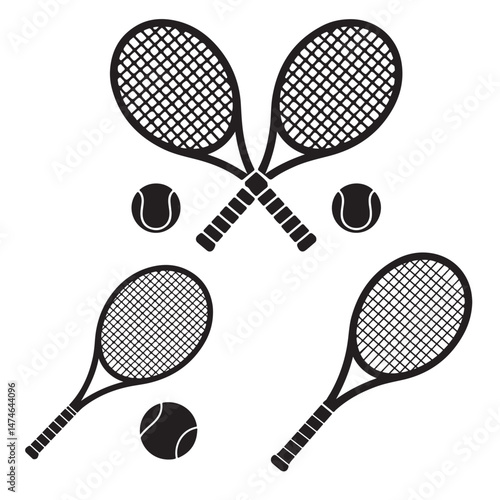 Tennis Racket and Ball Silhouette Icon, Crossed Tennis Rackets and Ball Icon, Two Tennis Rackets and Ball Black Silhouette Illustration set