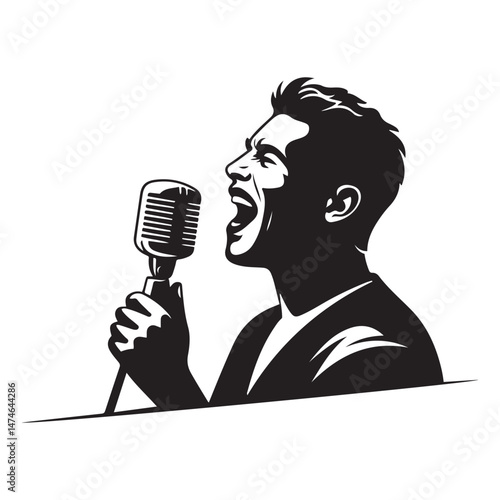 Man singer, man singing on mic, singer singing silhouette, vocalist singing to microphone Vector Black silhouette. with white background